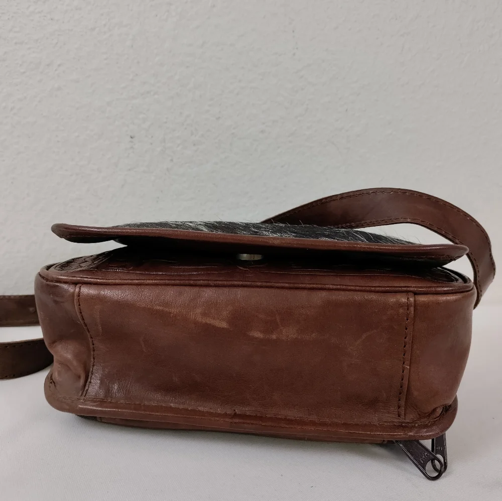 Leaders In Leather Vntg Tooled Leather Pony Hair Flap Messenger Crossbody Bag